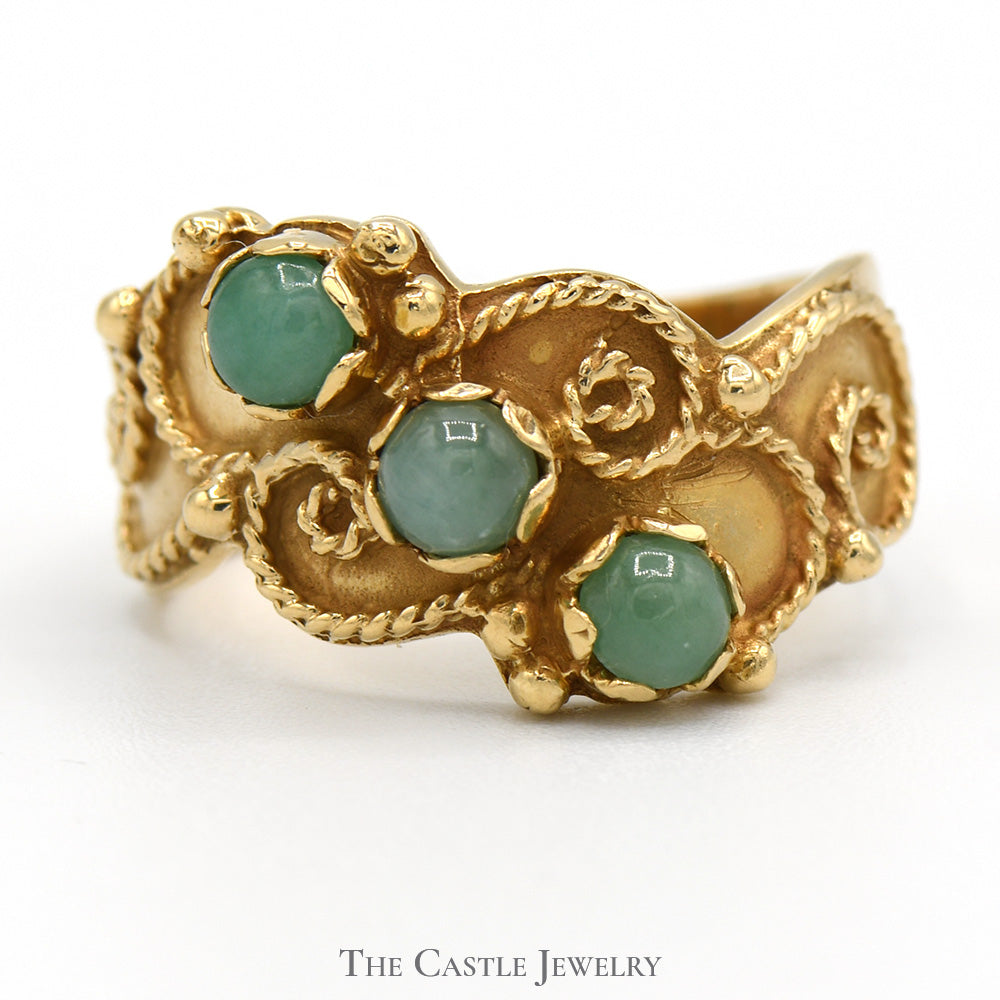 Triple Round Cabochon Jade Ring with Twisted Rope Design in 14k Yellow Gold