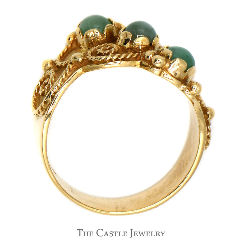 Triple Round Cabochon Jade Ring with Twisted Rope Design in 14k Yellow Gold