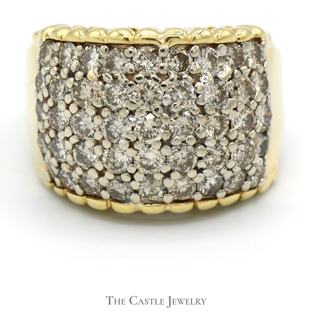 5 Row Domed Diamond Cluster Ring with Scalloped Cathedral Mounting in 14k Yellow Gold