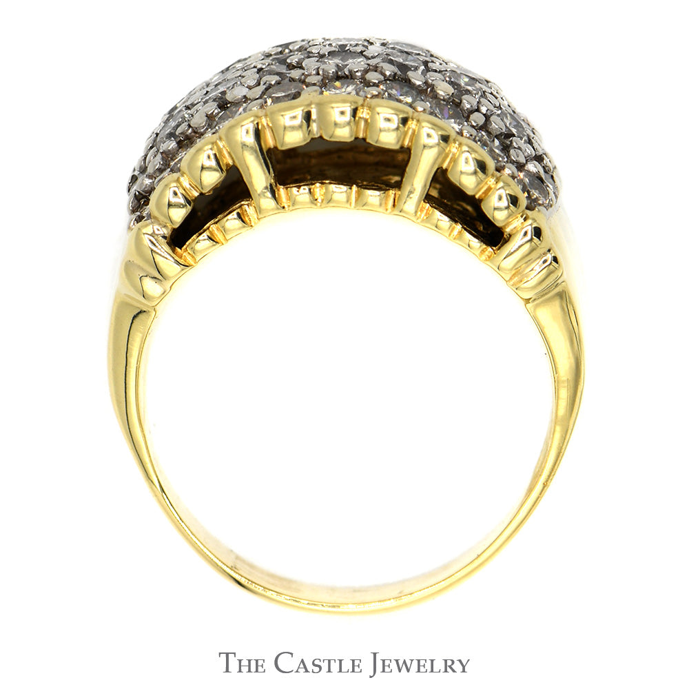 5 Row Domed Diamond Cluster Ring with Scalloped Cathedral Mounting in 14k Yellow Gold