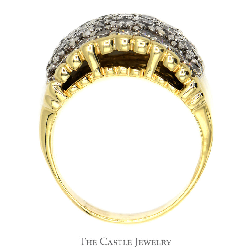 5 Row Domed Diamond Cluster Ring with Scalloped Cathedral Mounting in 14k Yellow Gold
