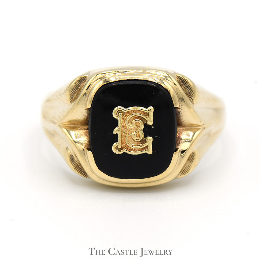 Black Onyx "E" Initial Designed Ring in 10k Yellow Gold