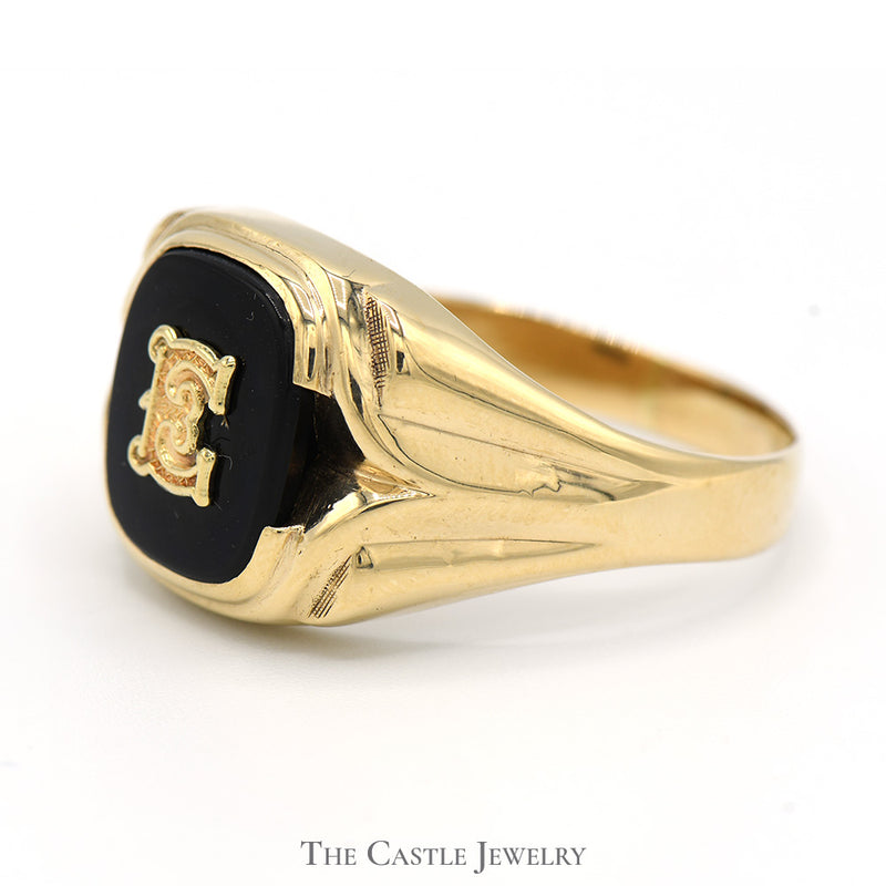 Black Onyx "E" Initial Designed Ring in 10k Yellow Gold