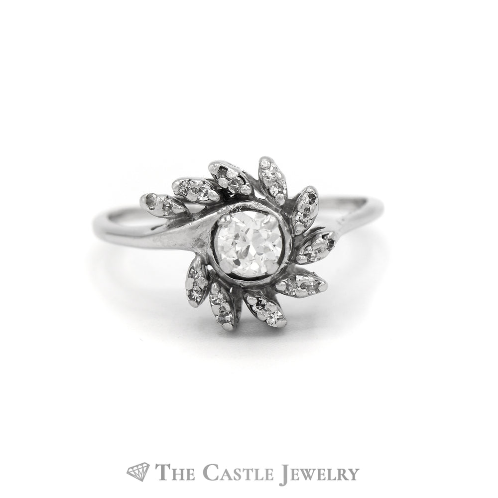 Old European Cut Flower Ring with Round Diamond Accents in 14KT White Gold