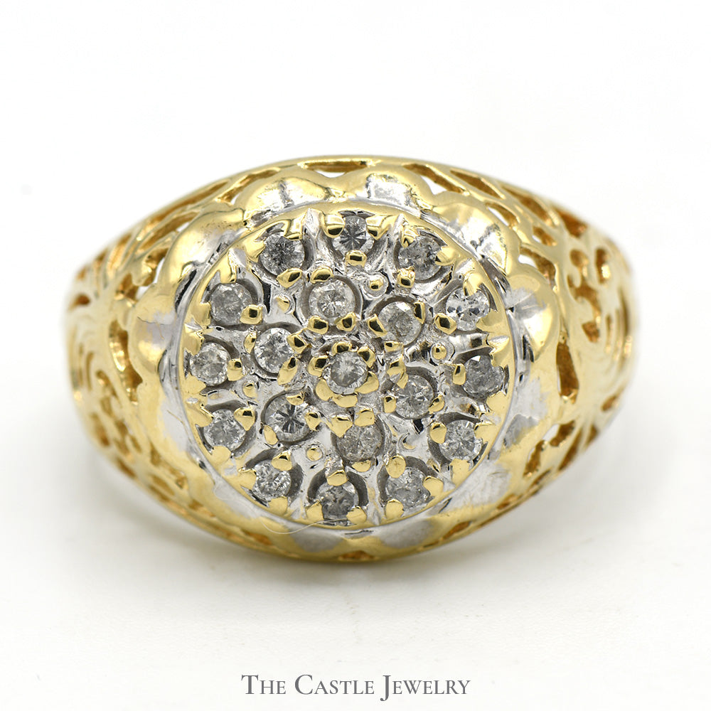 1/2cttw Kentucky Diamond Cluster Ring with Filigree Sides in 10k Yellow Gold
