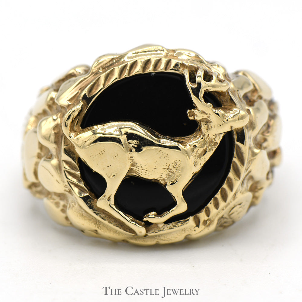 10k Yellow Gold Deer Ring with Black Onyx Background and Nugget Designed Sides