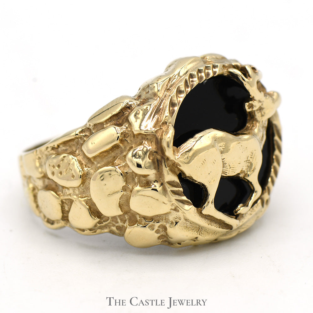 10k Yellow Gold Deer Ring with Black Onyx Background and Nugget Designed Sides