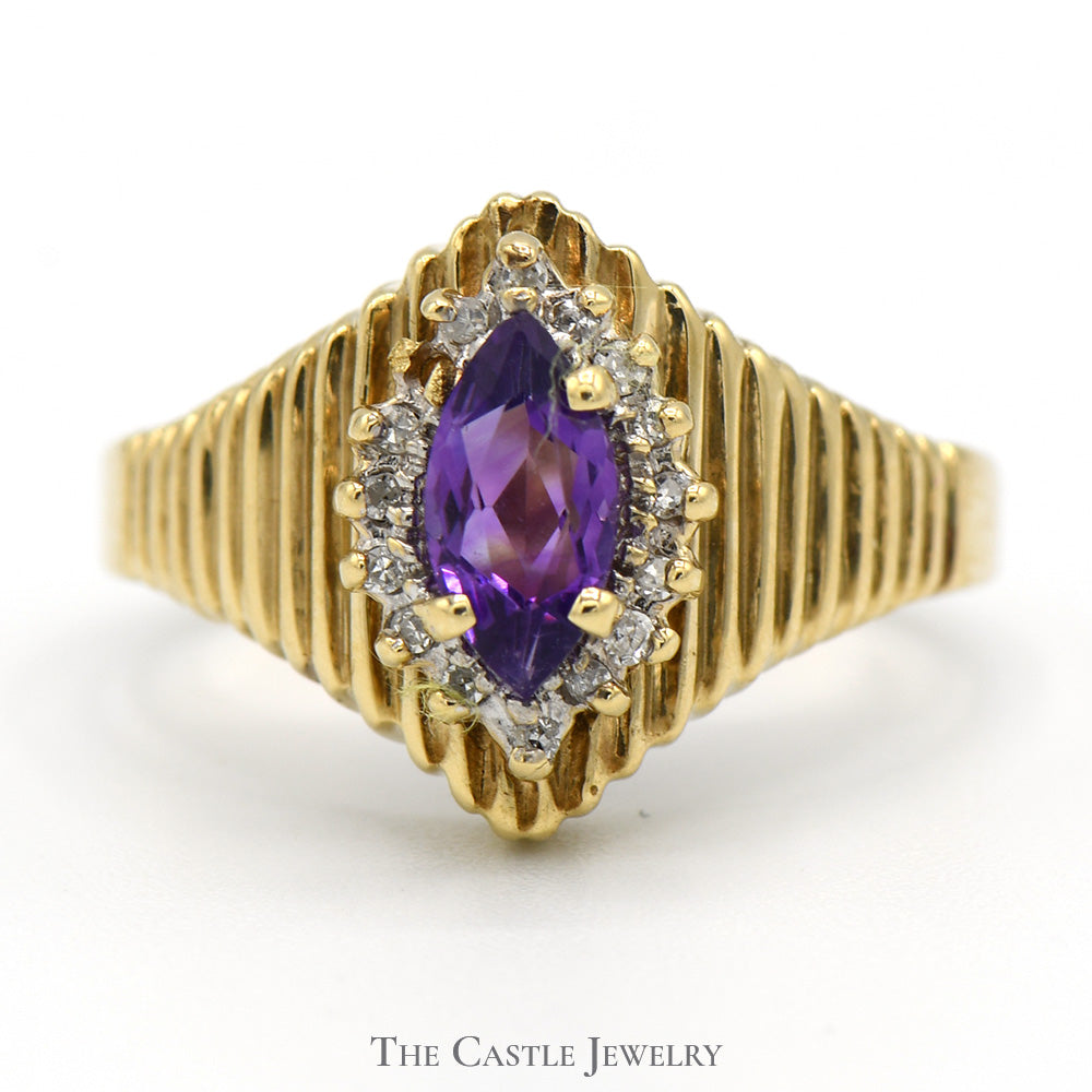 Marquise Cut Amethyst Ring with Diamond Halo in 10k Yellow Gold Tapered Ridged Setting