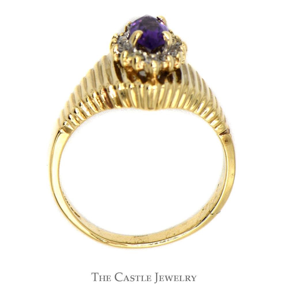 Marquise Cut Amethyst Ring with Diamond Halo in 10k Yellow Gold Tapered Ridged Setting