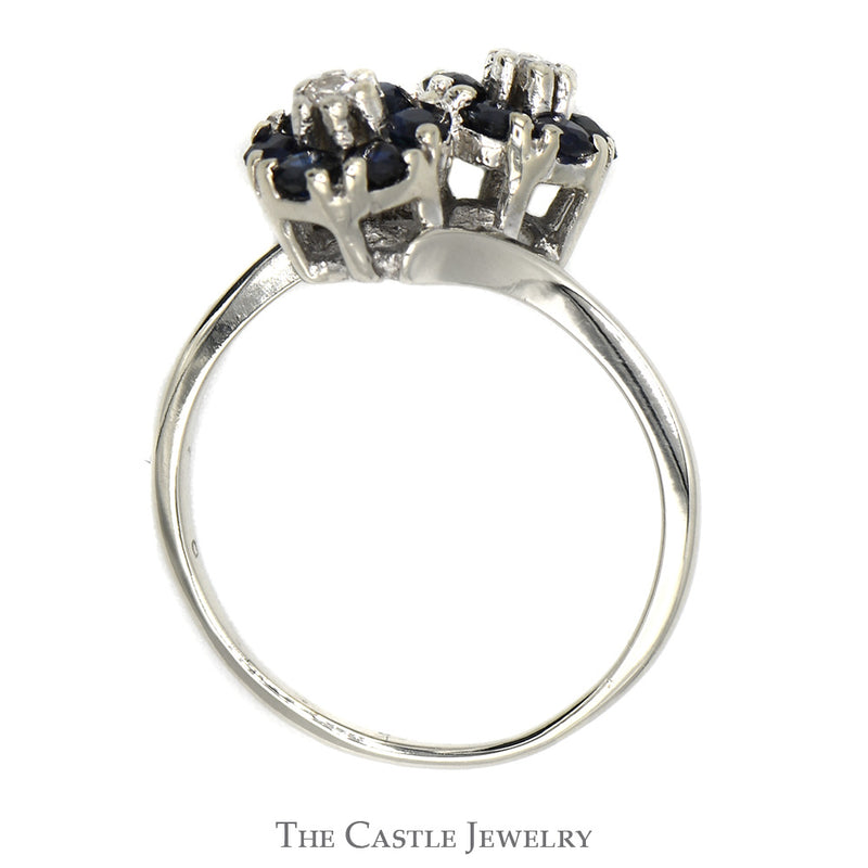 Double Sapphire Flower Cluster Ring with Diamond Accents in 14k White Gold