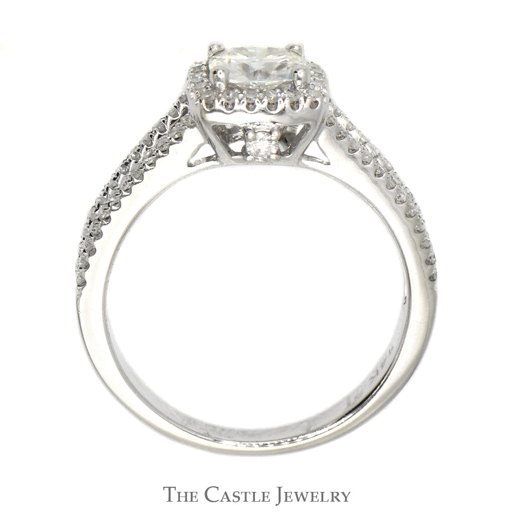Moissanite Solitaire Engagement Ring with Diamond Accented Split Shank Sides in 14k White Gold