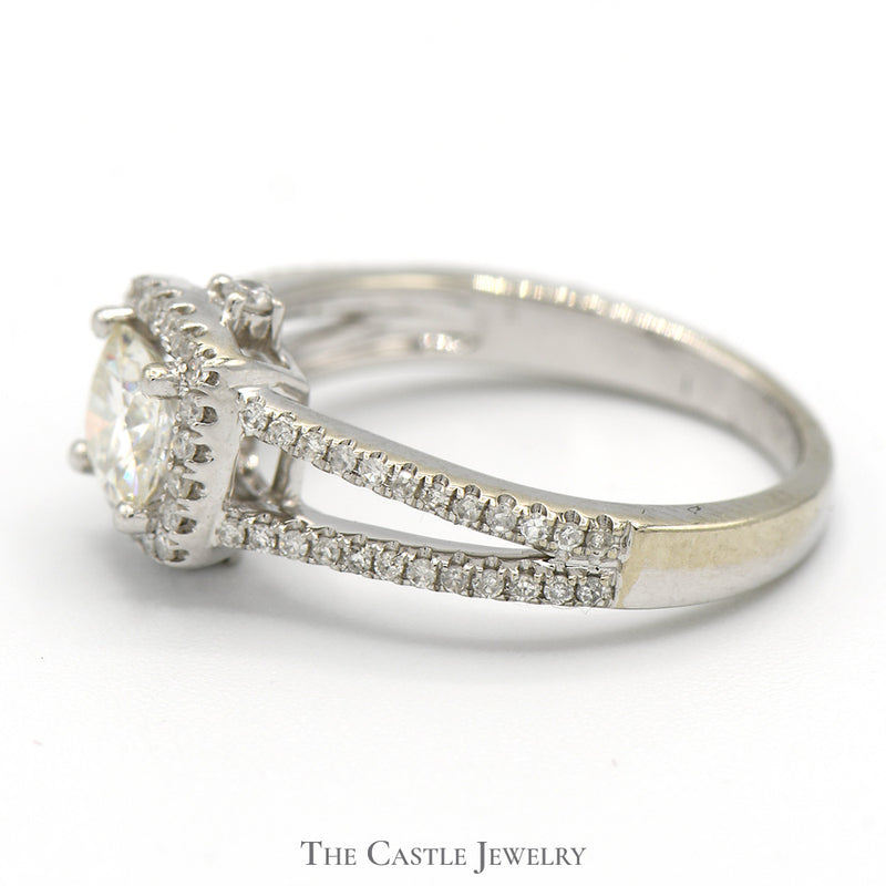 Moissanite Solitaire Engagement Ring with Diamond Accented Split Shank Sides in 14k White Gold