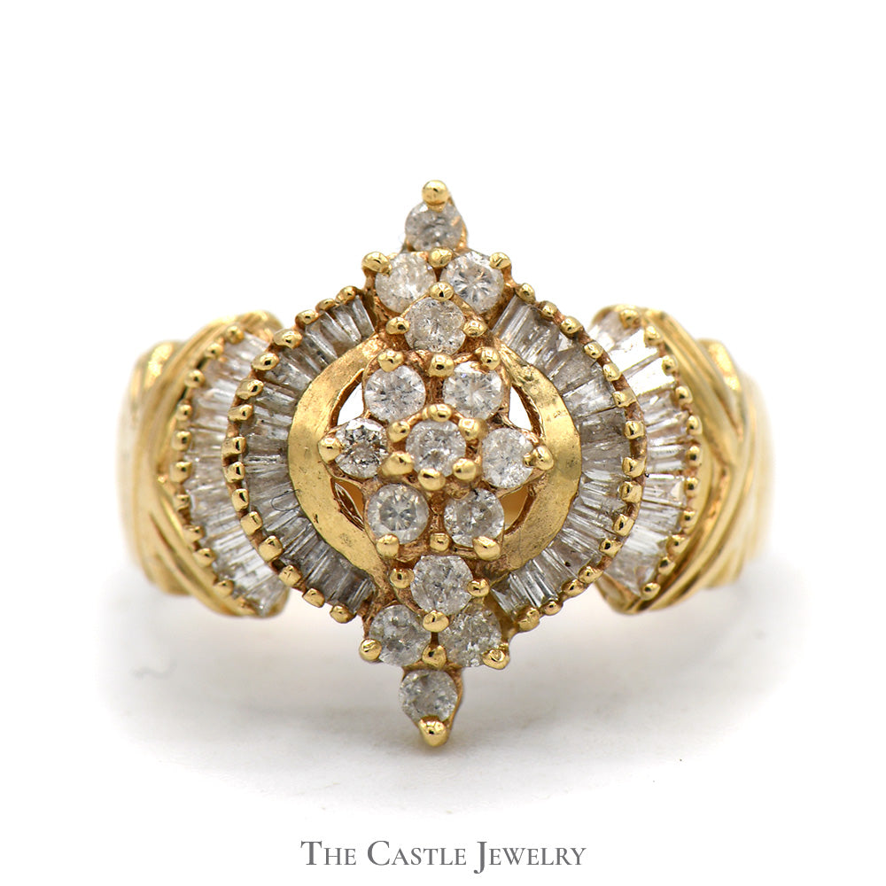 Marquise Shaped Round and Baguette Diamond Cluster Ring in 10k Yellow Gold