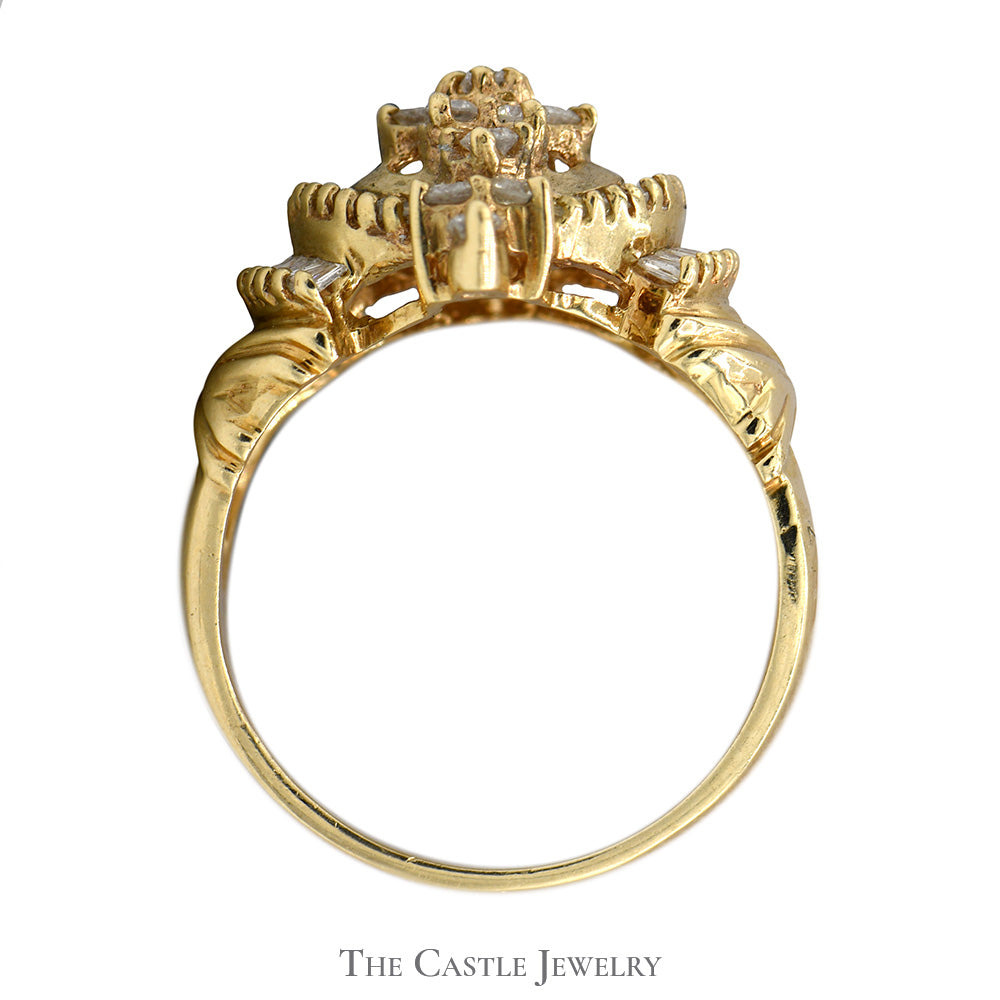 Marquise Shaped Round and Baguette Diamond Cluster Ring in 10k Yellow Gold