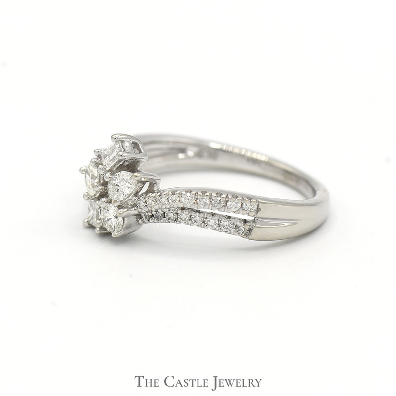 Multi Cut Diamond Cluster Ring with Diamond Accented Split Shank in 10k White Gold