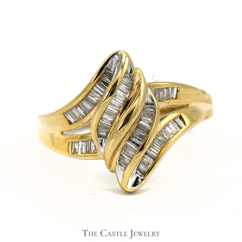Marquise Shaped Multi Row Channel Set Baguette Diamond in 14k Yellow Gold Split Shank Setting