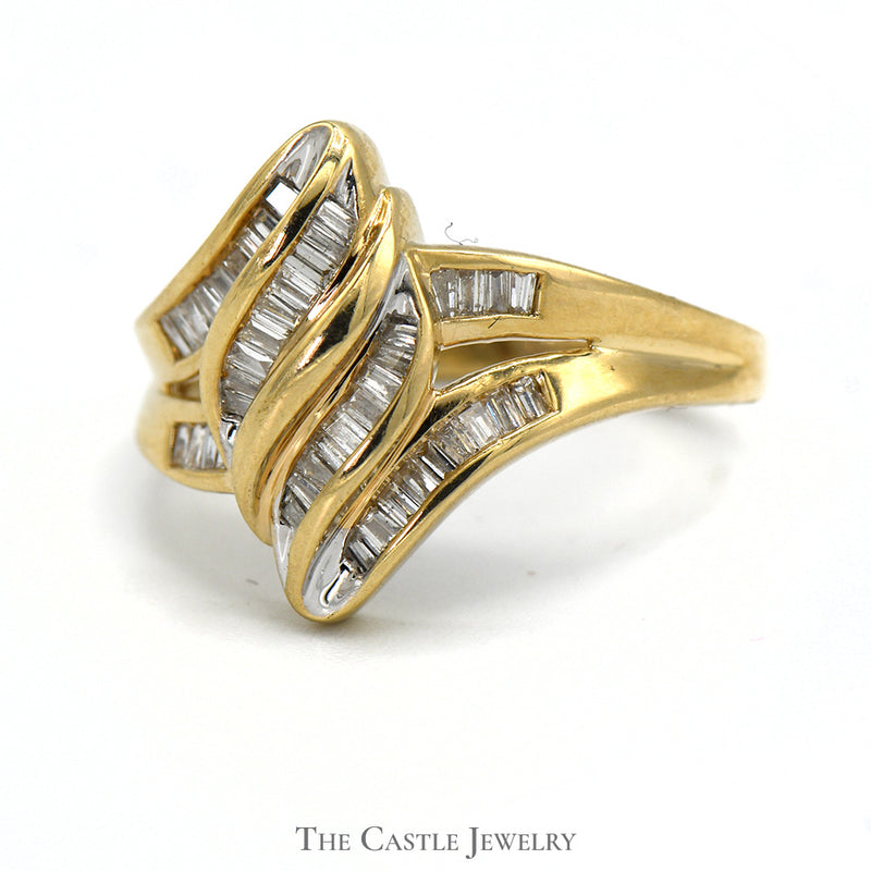 Marquise Shaped Multi Row Channel Set Baguette Diamond in 14k Yellow Gold Split Shank Setting
