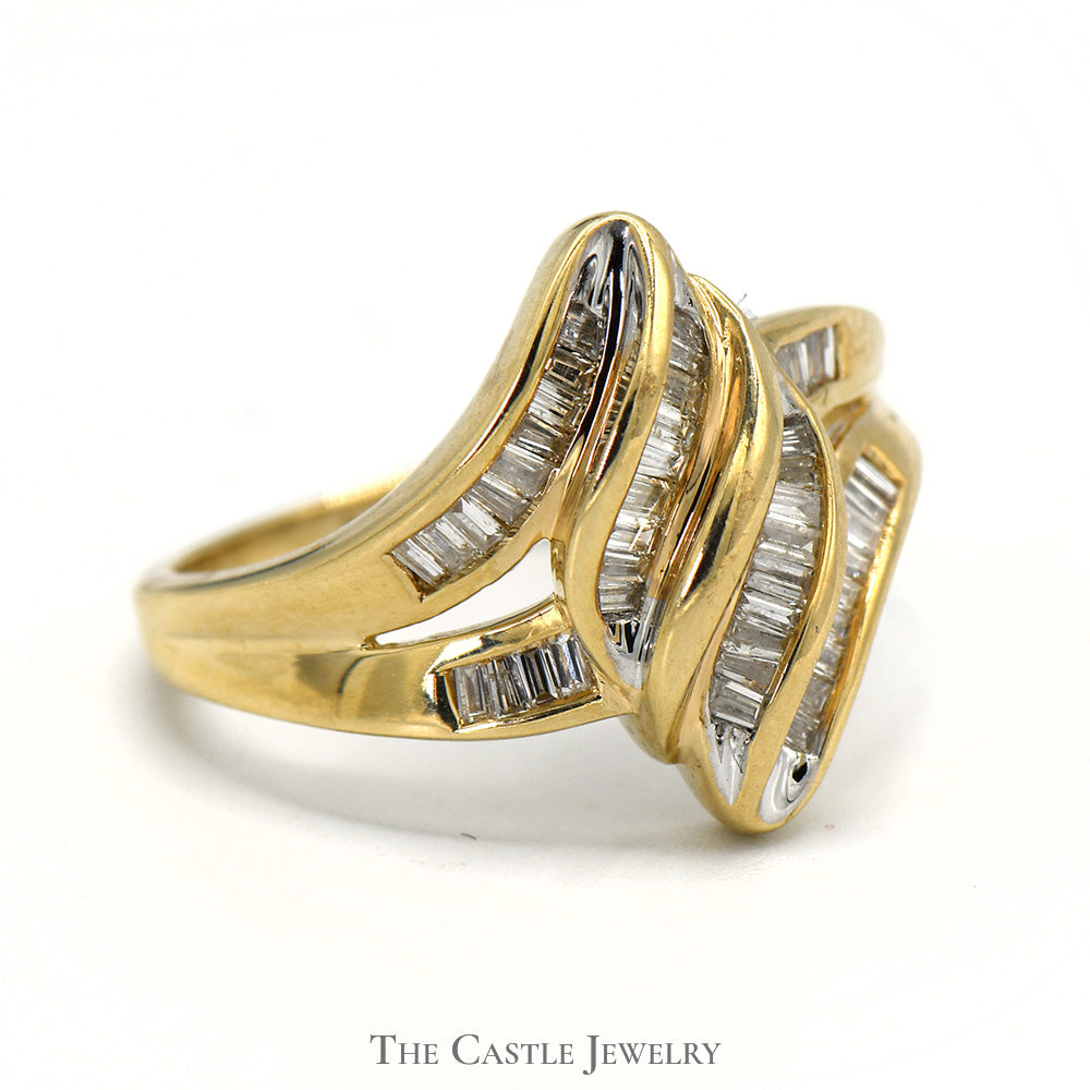 Marquise Shaped Multi Row Channel Set Baguette Diamond in 14k Yellow Gold Split Shank Setting