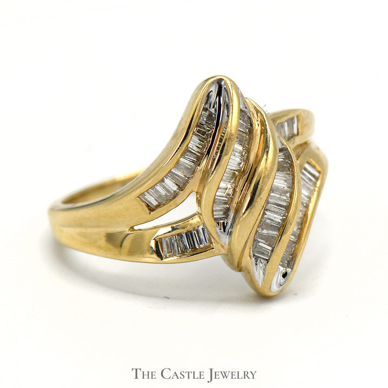 Marquise Shaped Multi Row Channel Set Baguette Diamond in 14k Yellow Gold Split Shank Setting