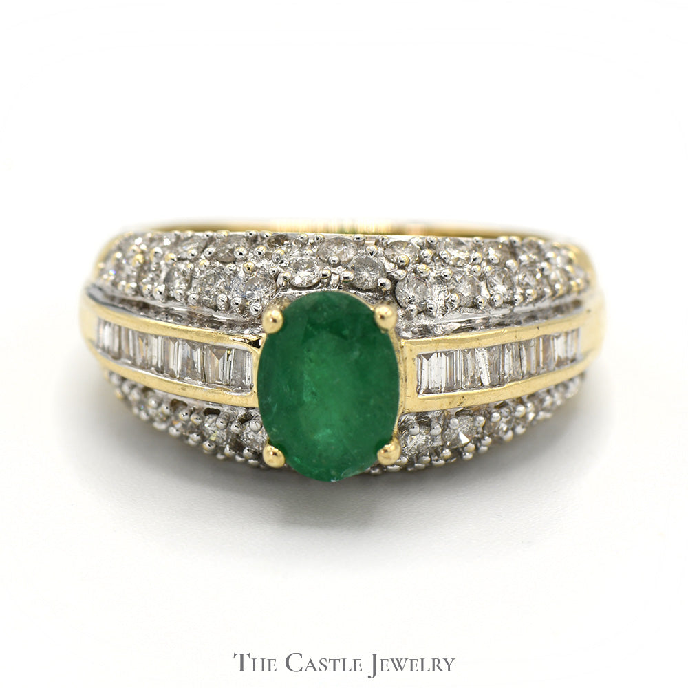 Oval Emerald Ring with Channel Set Baguette and Pave Round Diamond Accents in 14k Yellow Gold