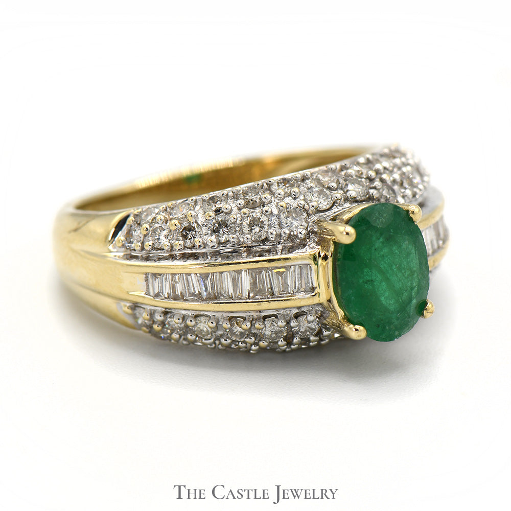 Oval Emerald Ring with Channel Set Baguette and Pave Round Diamond Accents in 14k Yellow Gold