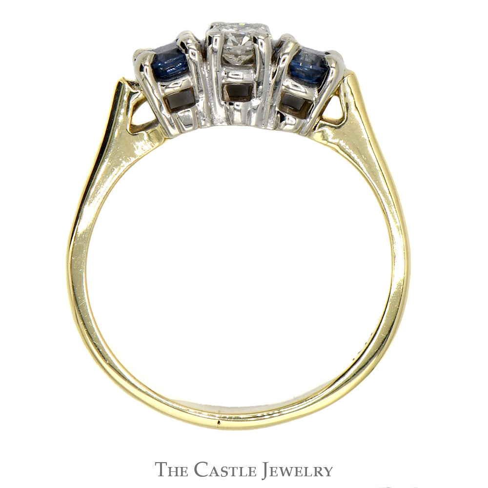 3 Stone Diamond and Sapphire DeBeers Style Engagement Ring in 14k Yellow Gold