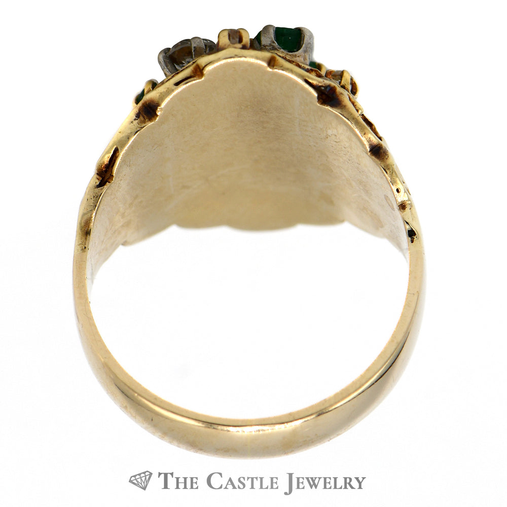 Emerald and Diamond Cluster Dome Ring with Star Design in 14k Yellow Gold