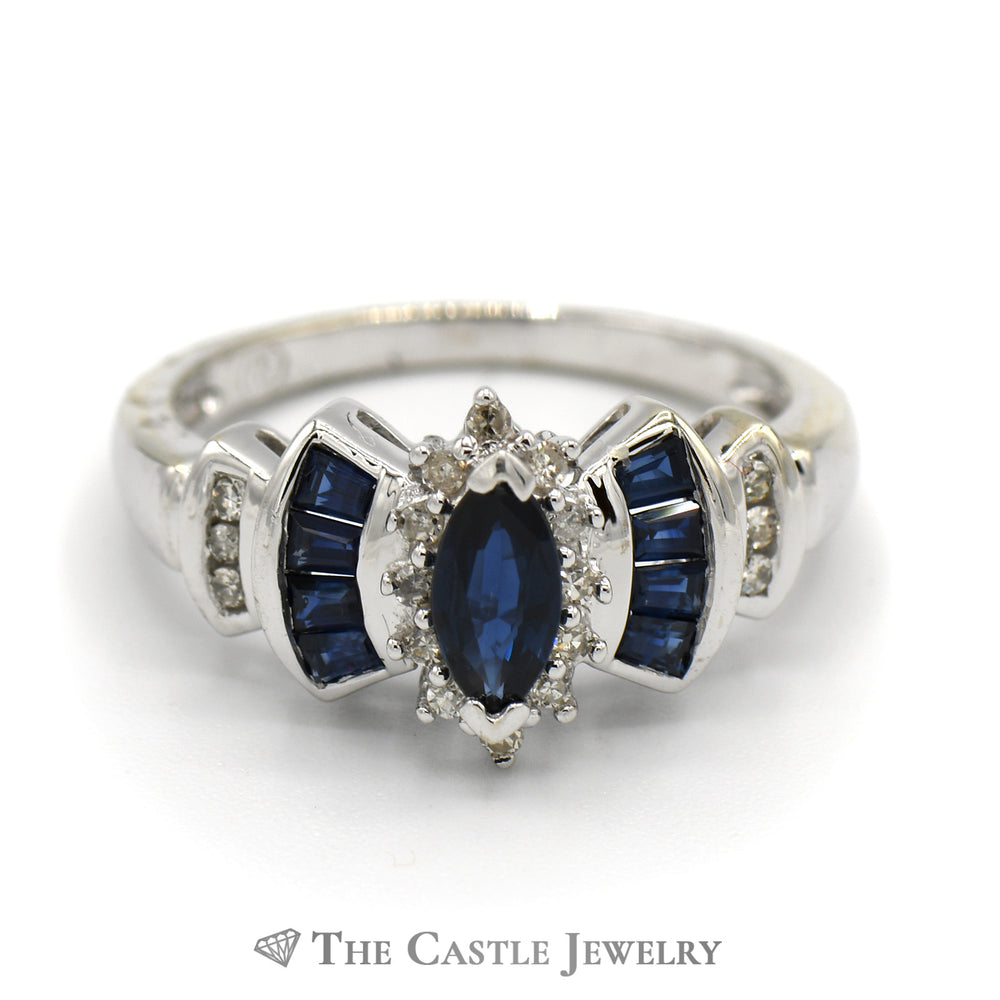 Marquise Cut Synthetic Sapphire Ring with Channel Set Synthetic Sapphire and Diamond Accents in 14k White Gold