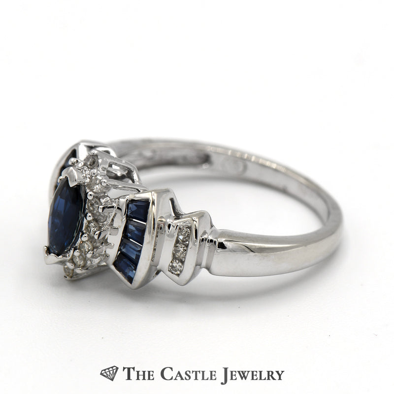 Marquise Cut Synthetic Sapphire Ring with Channel Set Synthetic Sapphire and Diamond Accents in 14k White Gold