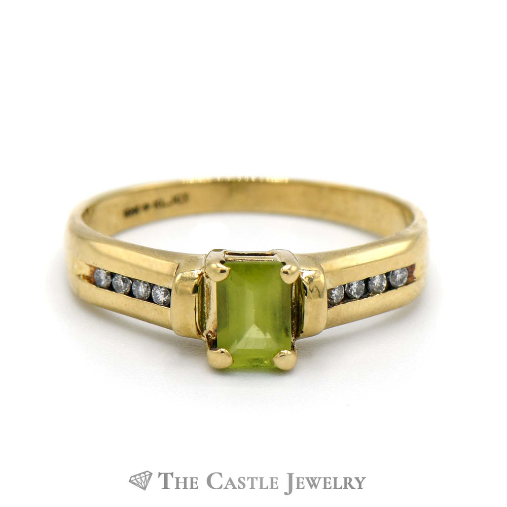 Emerald Cut Peridot Ring with Channel Set Diamond Accented Sides in 10k Yellow Gold