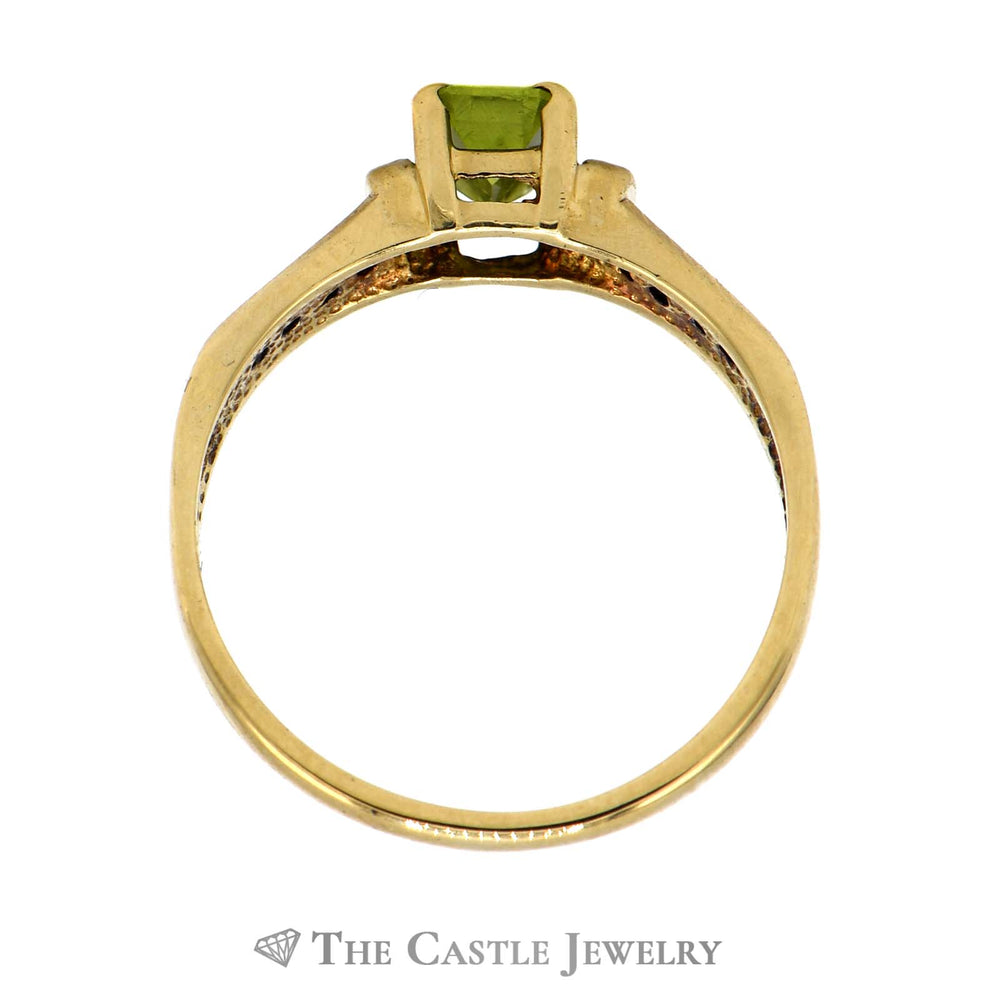 Emerald Cut Peridot Ring with Channel Set Diamond Accented Sides in 10k Yellow Gold