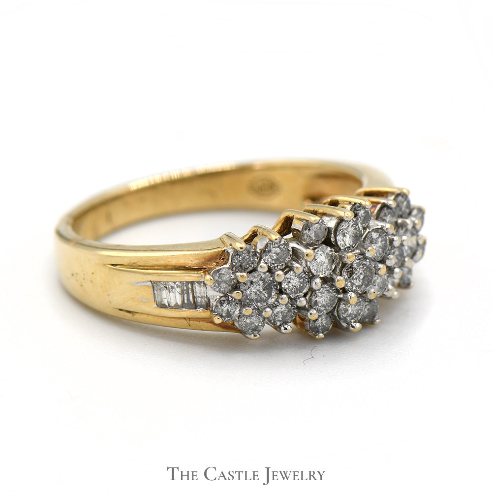 1/2cttw Diamond Cluster Ring with Baguette Diamond Accents in 10k Yellow Gold