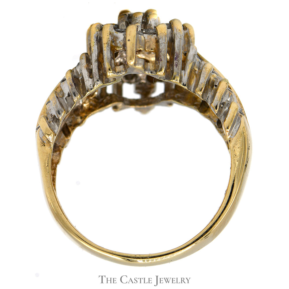 Marquise Shaped Diamond Cluster Ring in Diamond Accented Concaved 14k Yellow Gold Setting