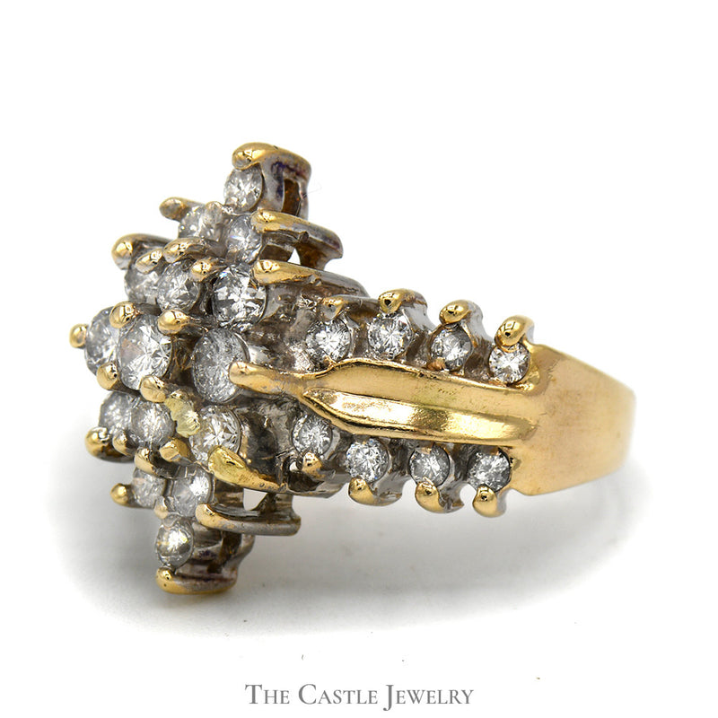 Marquise Shaped Diamond Cluster Ring in Diamond Accented Concaved 14k Yellow Gold Setting