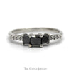 Princess Cut Black Diamond Three Stone Engagement Ring with White Diamond Accents in 10k White Gold - Thumbnail 1