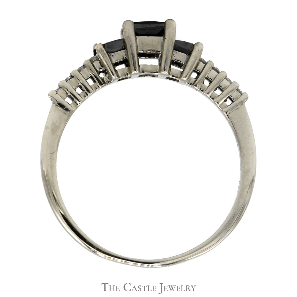 Princess Cut Black Diamond Three Stone Engagement Ring with White Diamond Accents in 10k White Gold