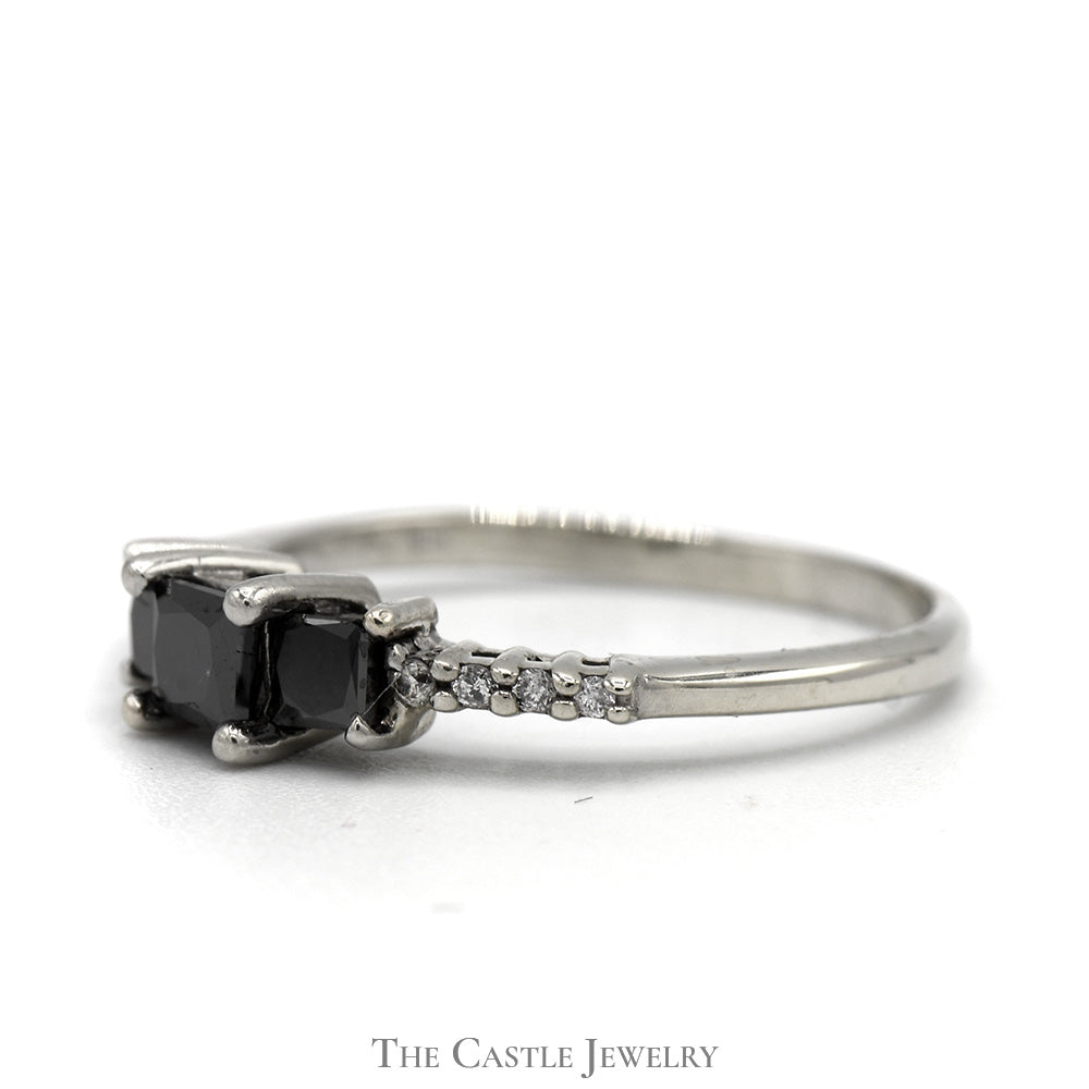 Princess Cut Black Diamond Three Stone Engagement Ring with White Diamond Accents in 10k White Gold