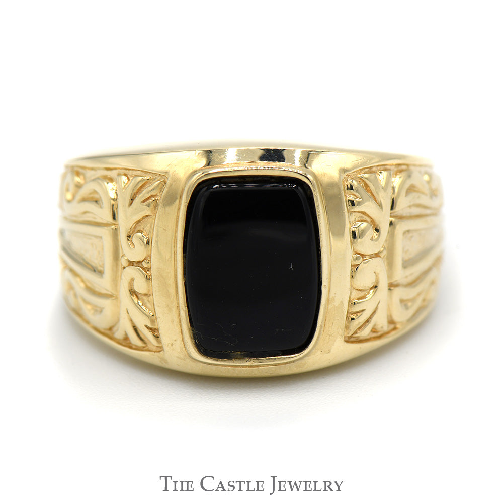 Men's Cushion Cut Black Onyx Ring with Scroll Designed 10k Yellow Gold Mounting