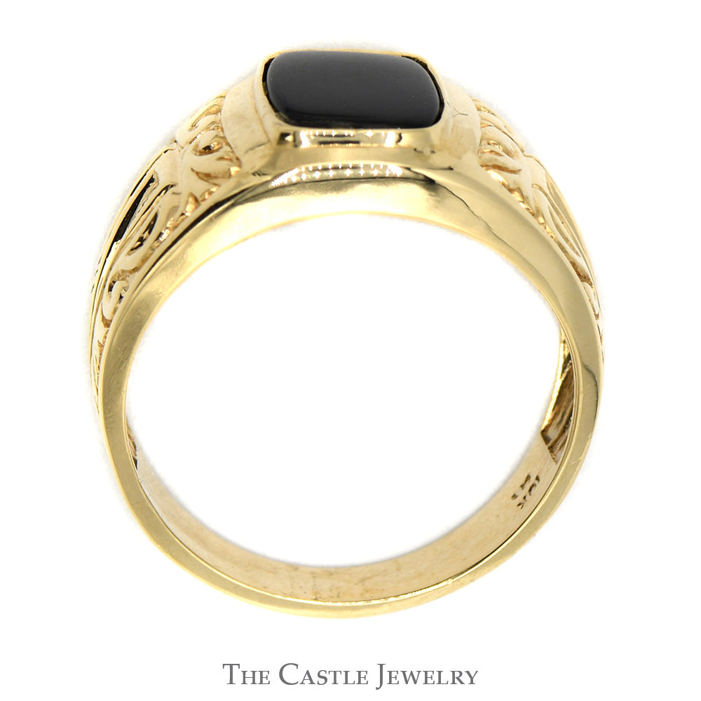 Men's Cushion Cut Black Onyx Ring with Scroll Designed 10k Yellow Gold Mounting