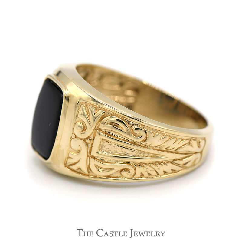 Men's Cushion Cut Black Onyx Ring with Scroll Designed 10k Yellow Gold Mounting