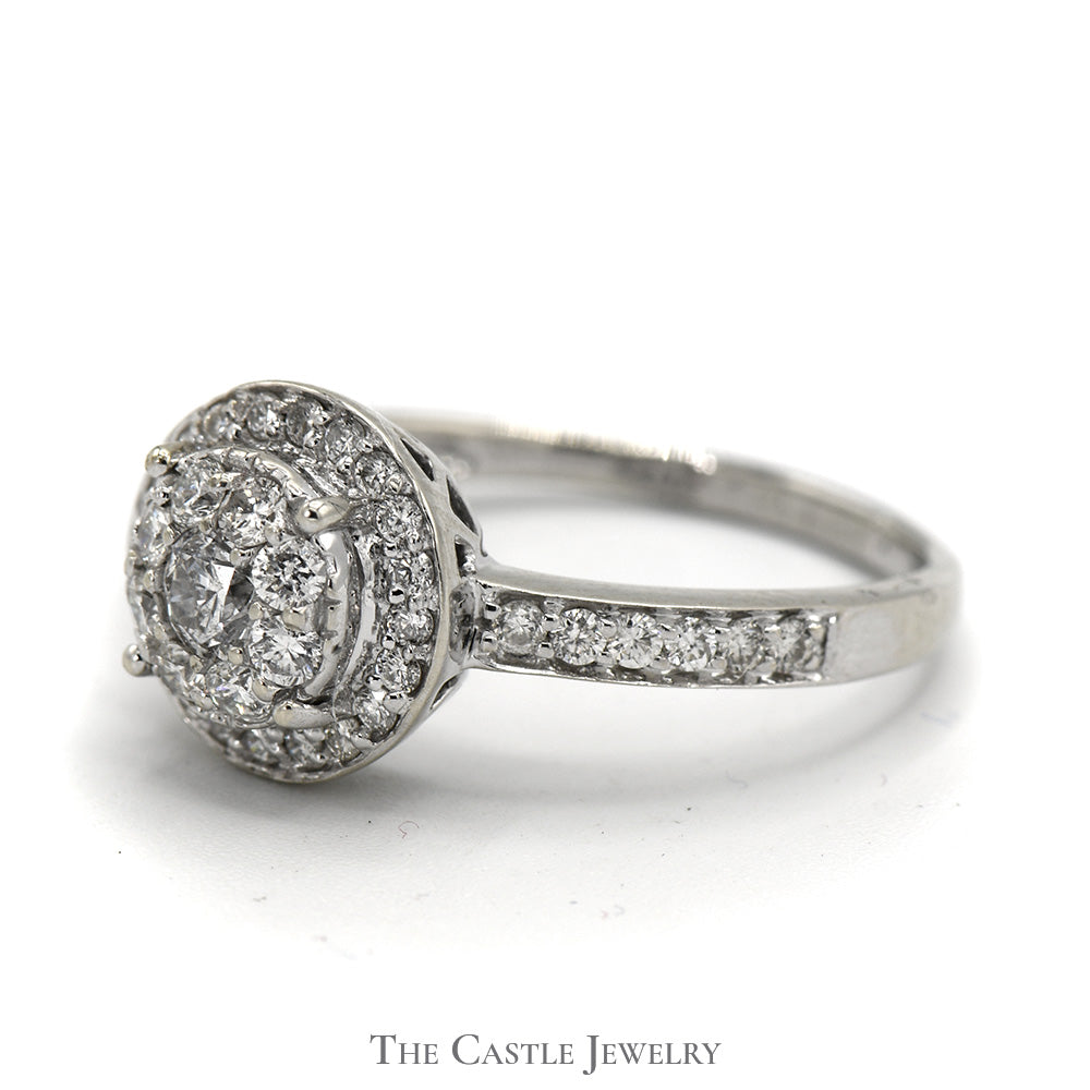 Round Shaped Diamond Cluster Ring with Diamond Halo and Accents in 14k White Gold