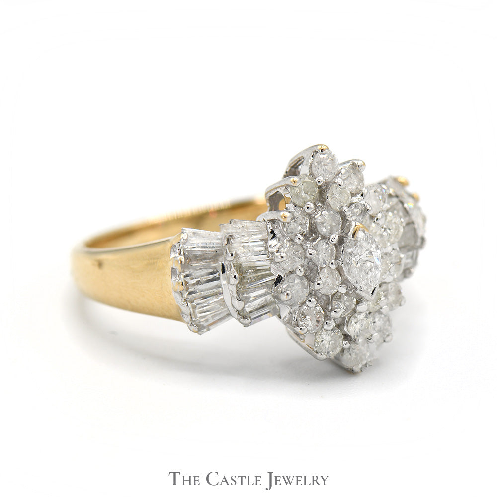 Marquise Shaped 1cttw Diamond Cluster Ring with Baguette Accents in 10k Yellow Gold