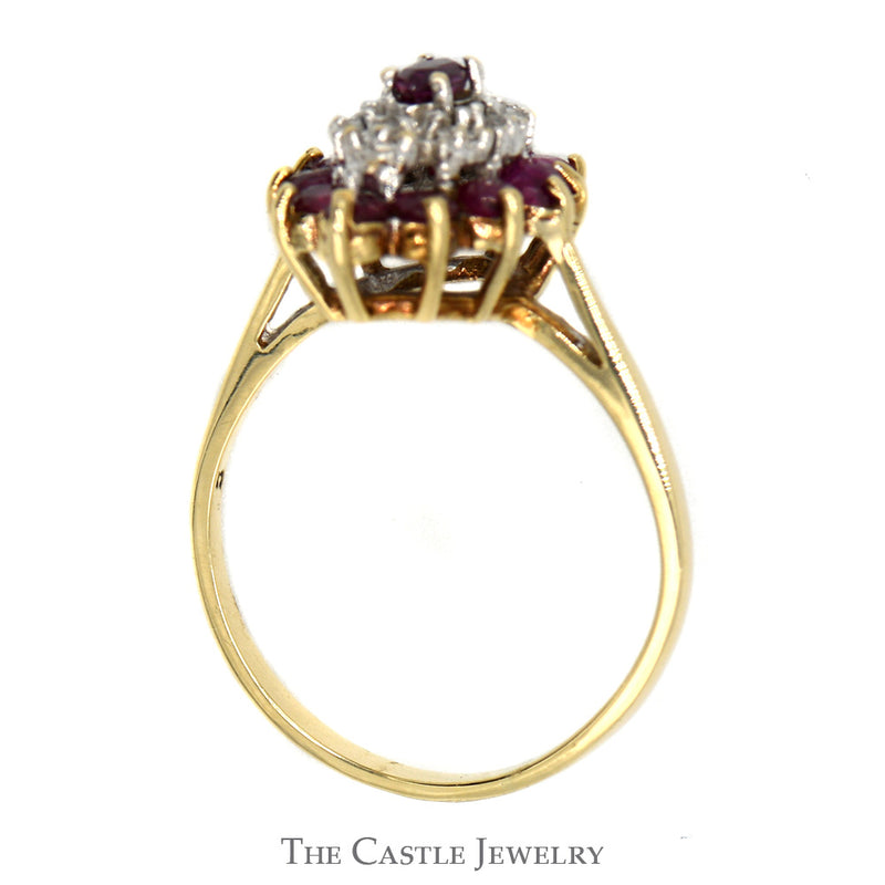 Marquise Shaped Ruby and Diamond Cluster Ring in 10k Yellow Gold