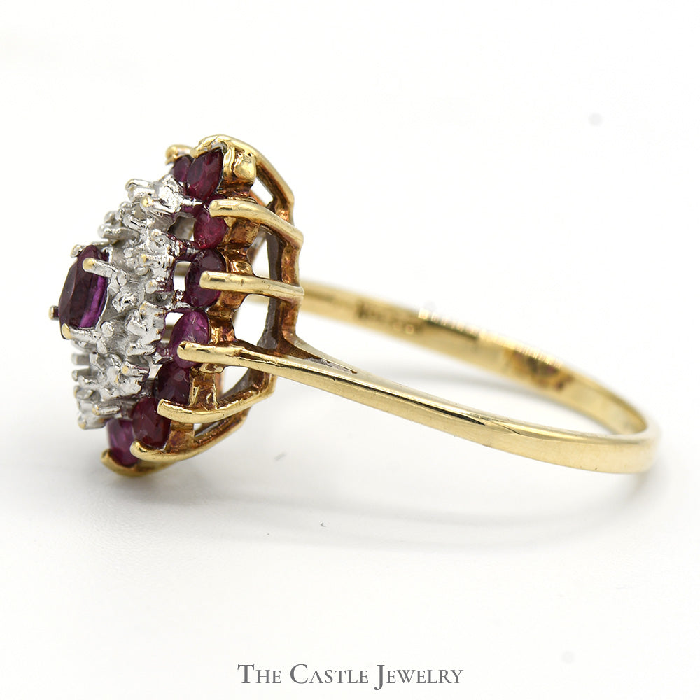 Marquise Shaped Ruby and Diamond Cluster Ring in 10k Yellow Gold