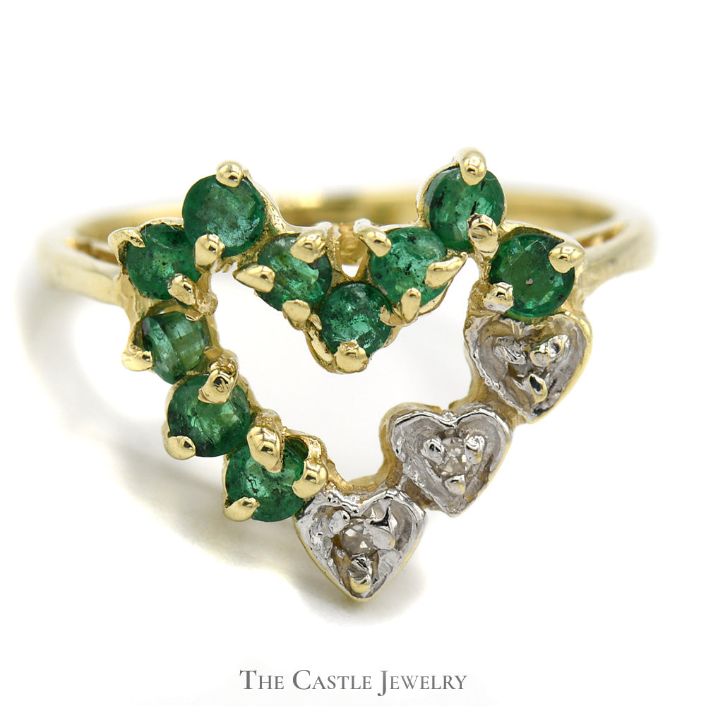 Open Heart Shaped Emerald and Diamond Cluster Ring in 10k Yellow Gold