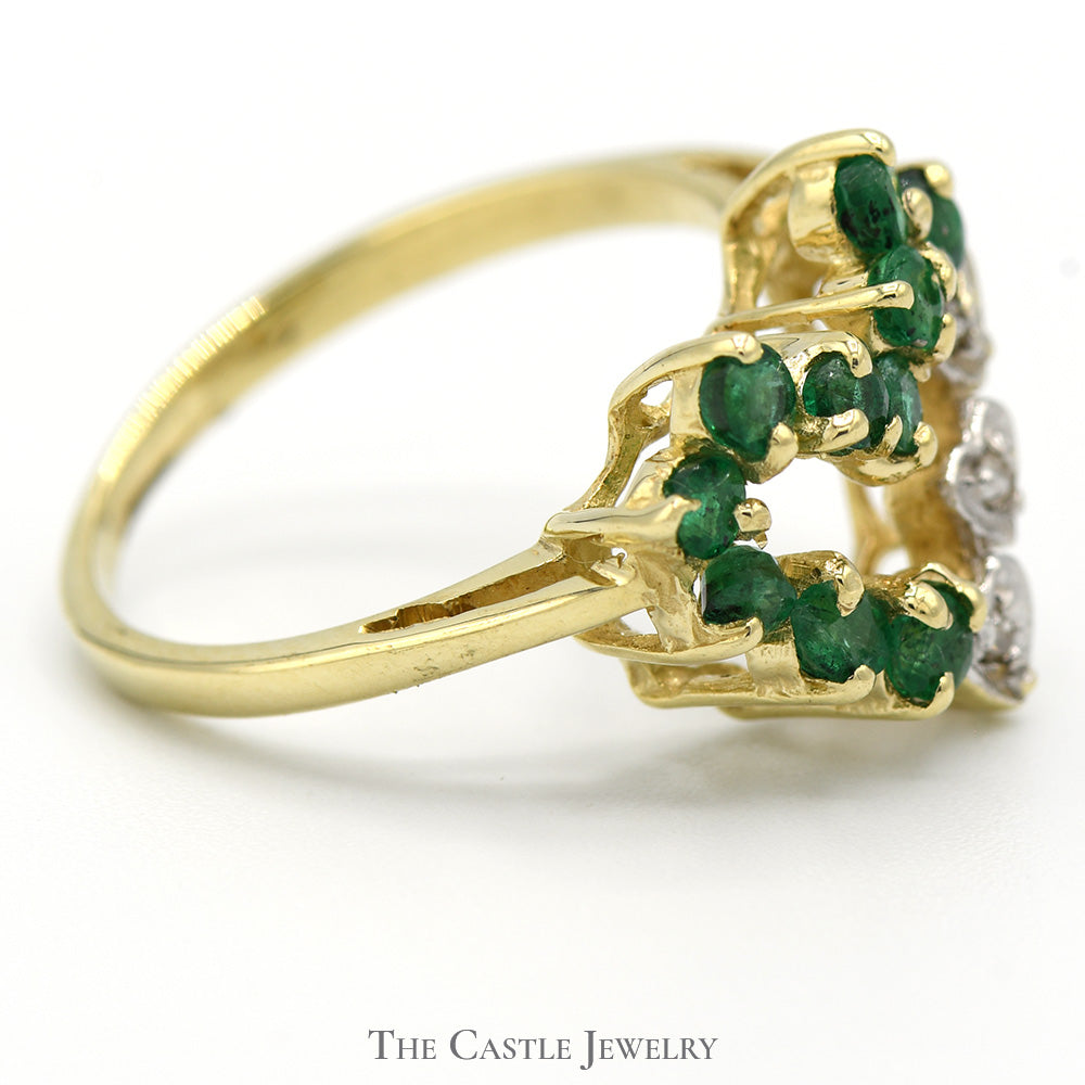 Open Heart Shaped Emerald and Diamond Cluster Ring in 10k Yellow Gold