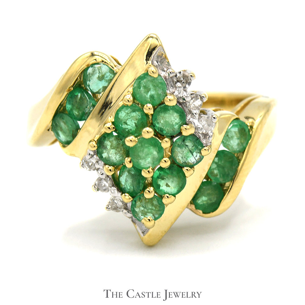 Emerald Cluster Ring with Diamond Accents in 10k Yellow Gold