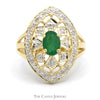 Oval Emerald Shield Ring with Diamond Cluster Accents in 10k Yellow Gold - Thumbnail 1