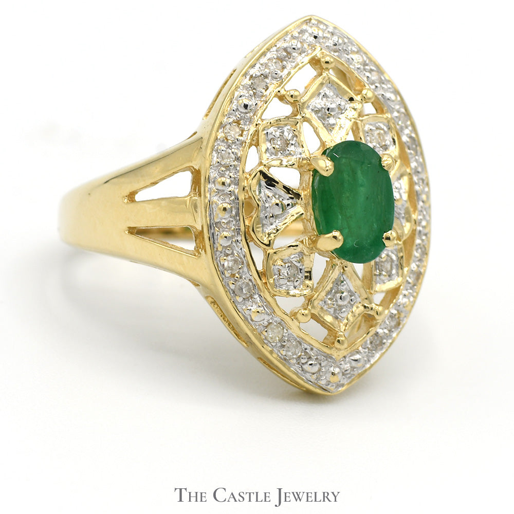 Oval Emerald Shield Ring with Diamond Cluster Accents in 10k Yellow Gold