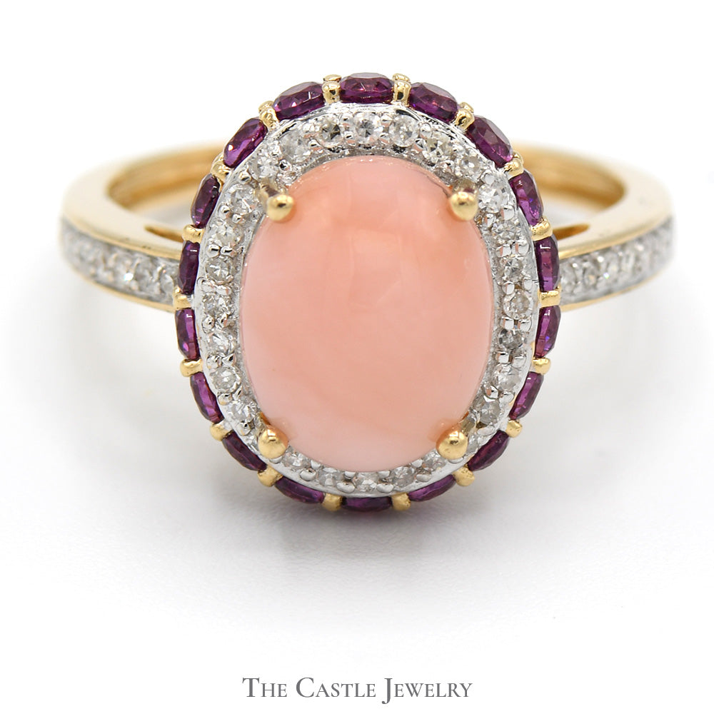 Oval Pink Opal Ring with Diamond and Amethyst Halo & Accents in 14k Yellow Gold